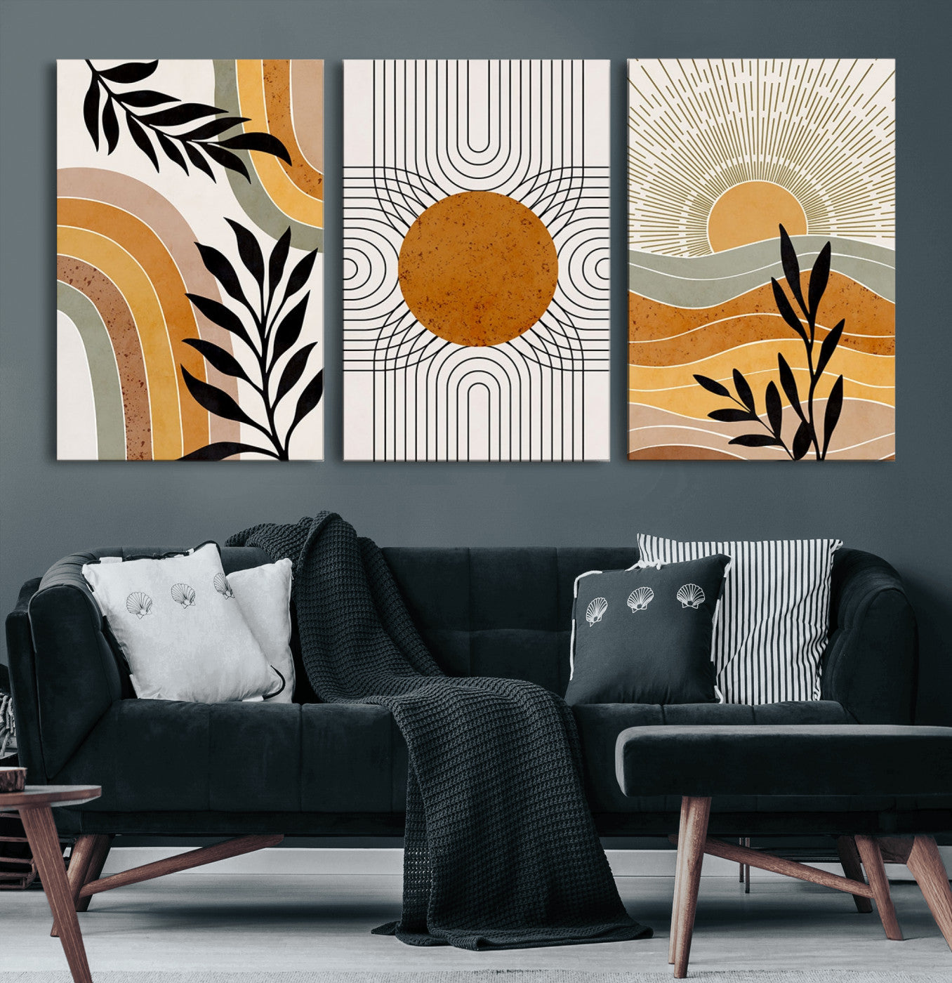 54028-MGV-CV-60X30-3P-Modern Boho Sun and Leaf Abstract Art – 3-Panel Giclée Canvas for Mid-Century Modern or Bohemian