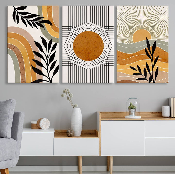 Modern Boho Sun and Leaf Abstract Art – 3-Panel Giclée Canvas for Mid-Century Modern or Bohemian Wall Decor