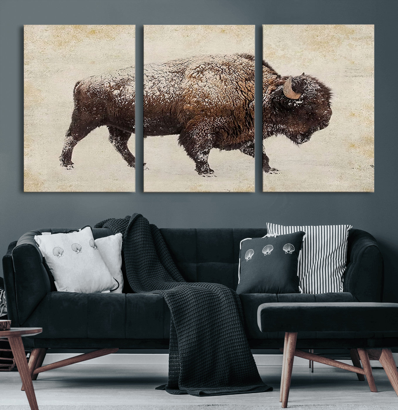 MGV-CV-60X30-3P - Buffalo Wall Art, Western Bison Canvas Print, Rustic Buffalo Art for Cowboy Western Decor, Large Multi-Panel Giclee Canvas for Farmhouse Wall Decor