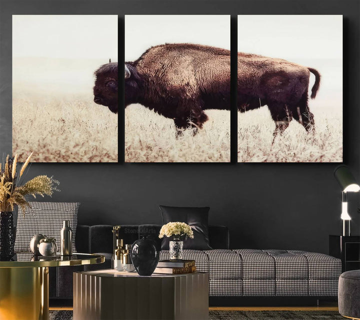 The dining room showcases the Bison in Field canvas print.