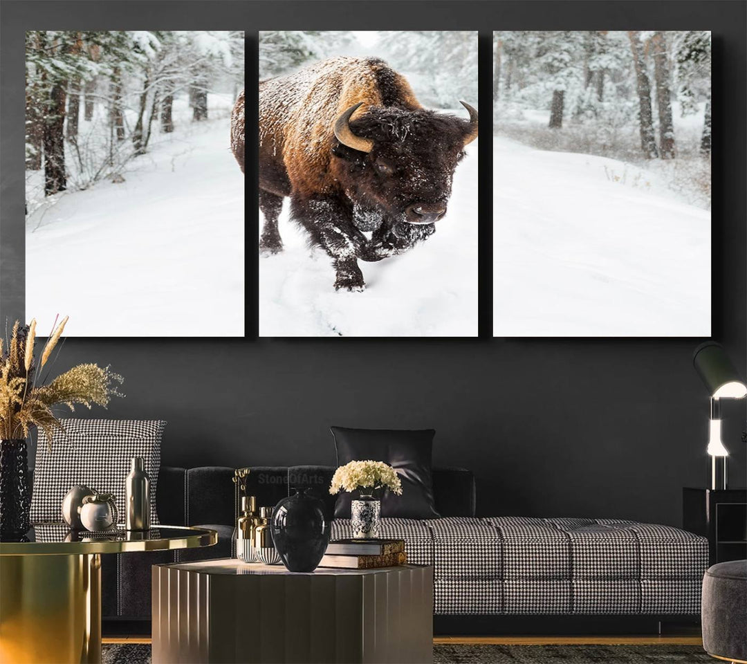 The dining area showcases the Bison Wall Art Canvas Print for Farmhouse.