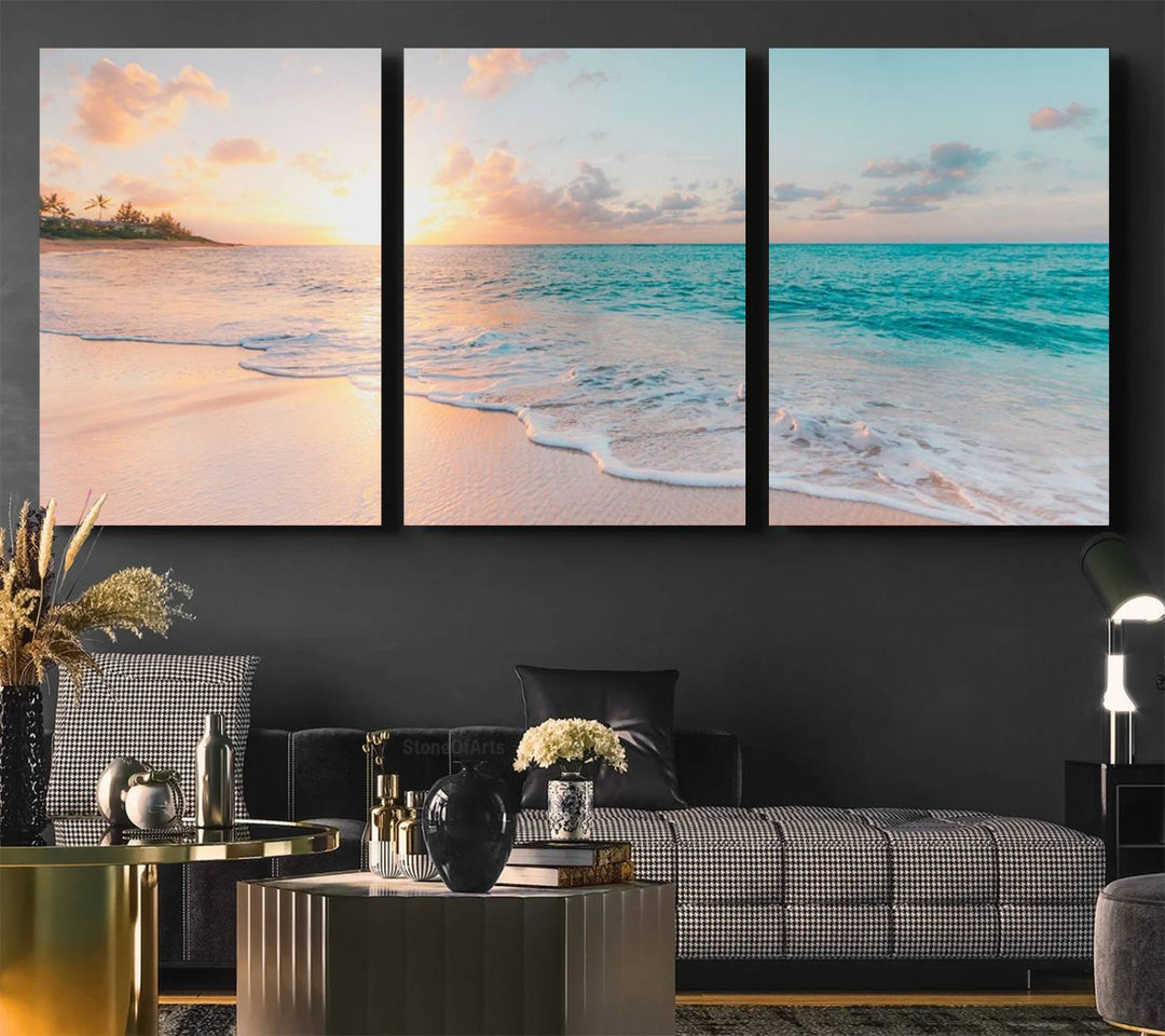 The kitchen features the Beach Sunrise Wall Art, Coastal Sunset Beach Scene.