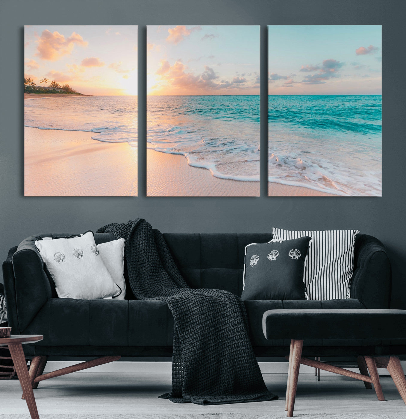 MGV-CV-60X30-3P - Beach Sunrise Wall Art, Coastal Seascape Canvas Print, Ocean Wave Multi-Panel Giclee, Coastal Sunset