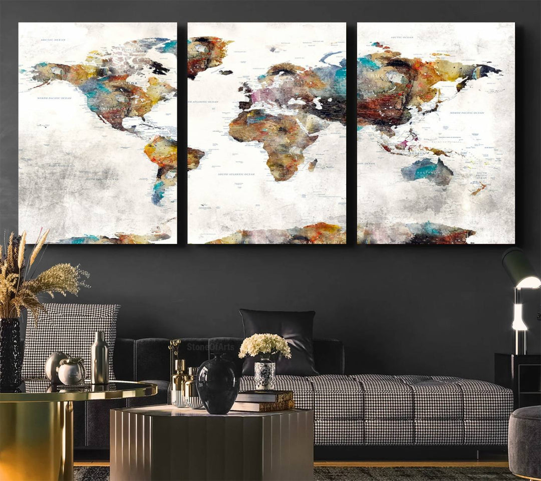 The Colorful World Map Wall Art Canvas Print adds vibrance to the space, ideal for geography lovers.