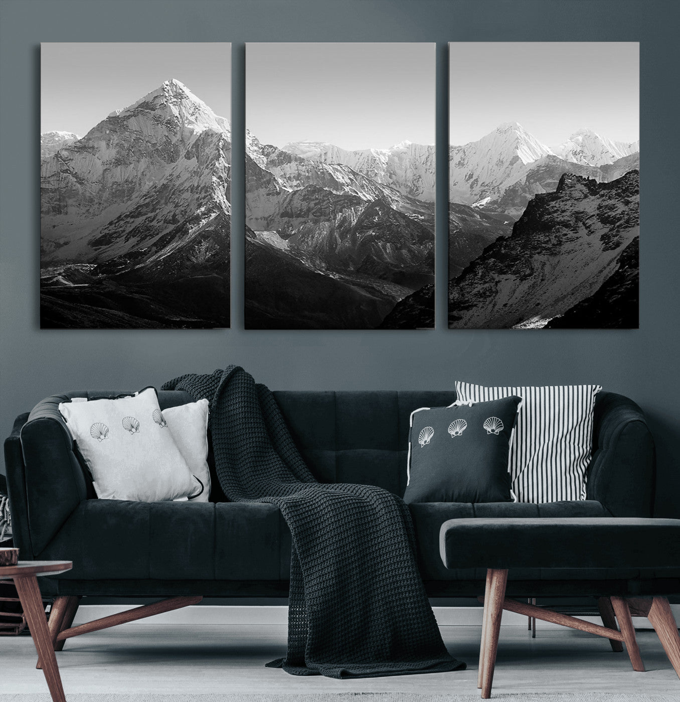 MGV-CV-60X30-3P - Everest Himalaya Mountain Peaks Black & White Triptych Canvas Art – Mountain Wall Decor, Everest