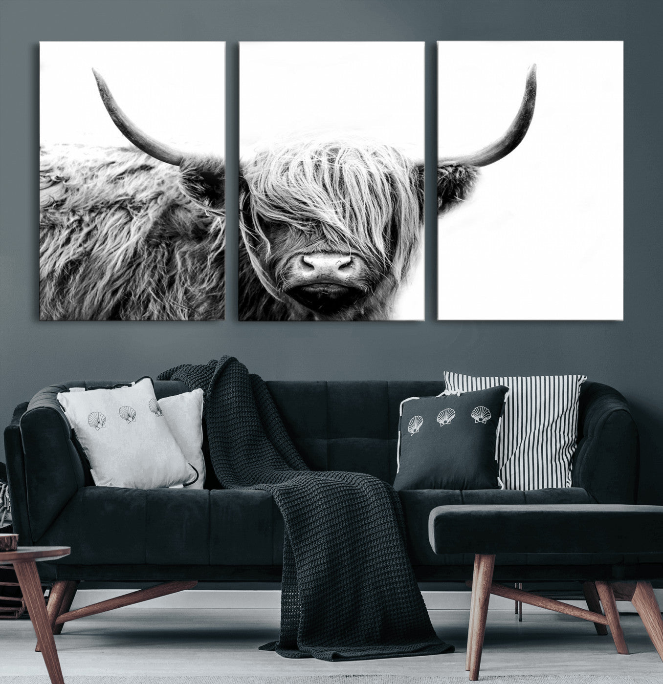 51957-MGV-CV-60X30-3P-Black White Scottish Highland Cow Cattle Art Print Farmhouse Wall Art Canvas Print