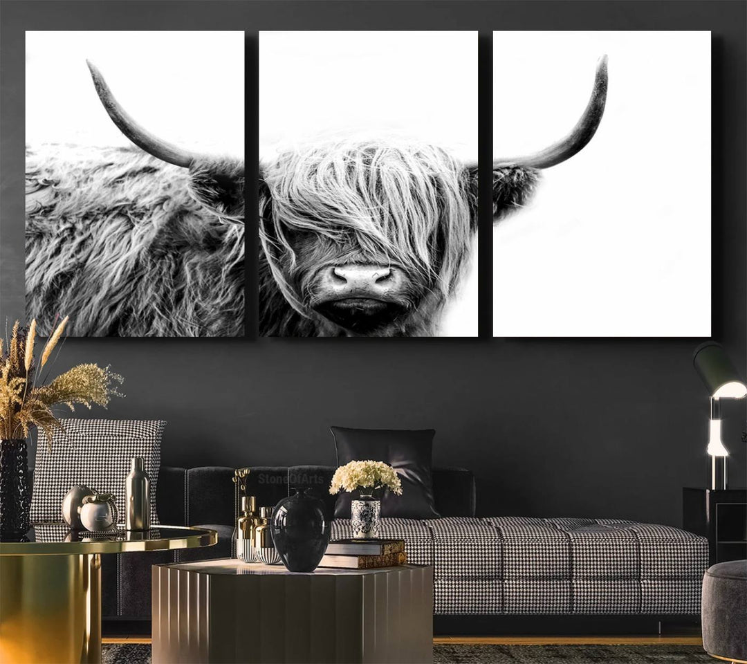 Framed Black and White Scottish Highland Cow Art Print.