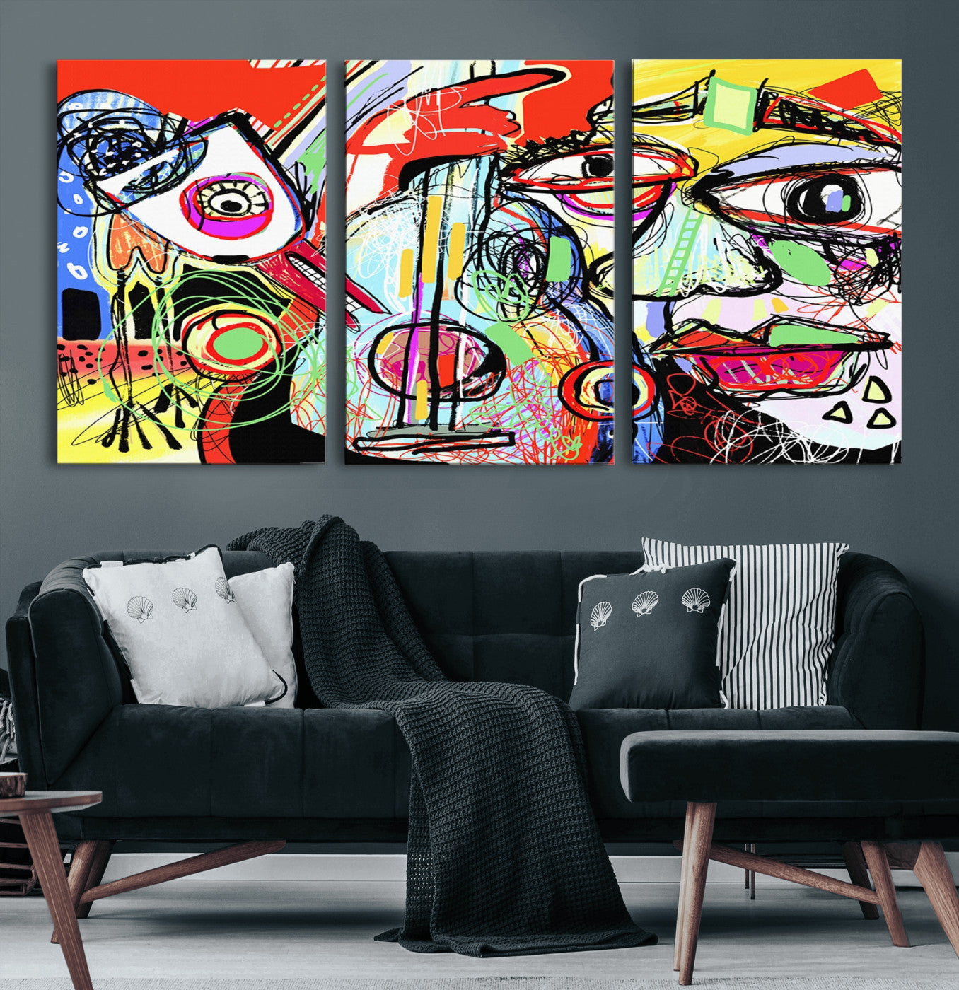 MGV-CV-60X30-3P - Picasso Style Art Abstract Canvas Wall Art Print , Colorful Abstract Artwork