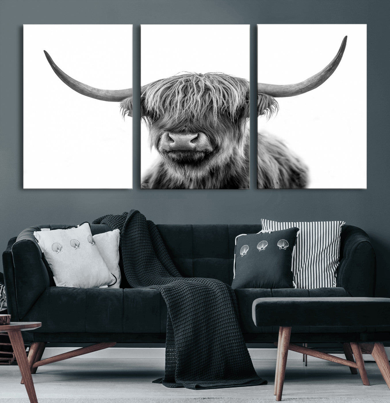58935-MGV-CV-60X30-3P-Grayscale Scottish Highland Cow Cattle Art Print Farmhouse Wall Art Canvas Print