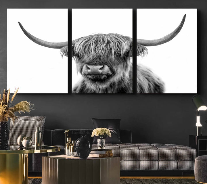 The Grayscale Scottish Highland Cow canvas is a museum-quality piece perfect for your dining room. Enjoy free shipping on this stunning artwork!.