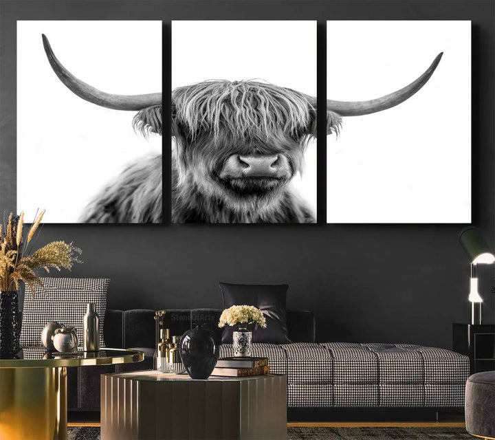 A Scottish Highland Cow Art Canvas adds charm to the farmhouse decor.