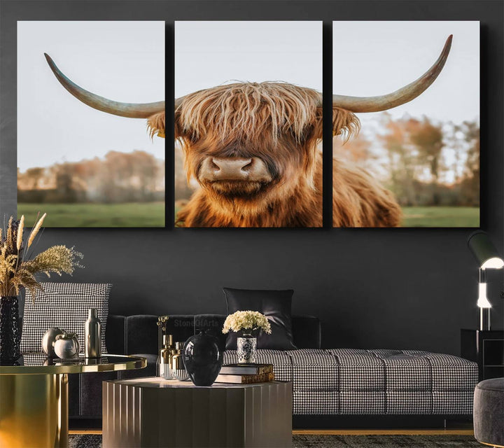 A dining room featuring a Highland Cow Animal Scottish Cattle canvas.