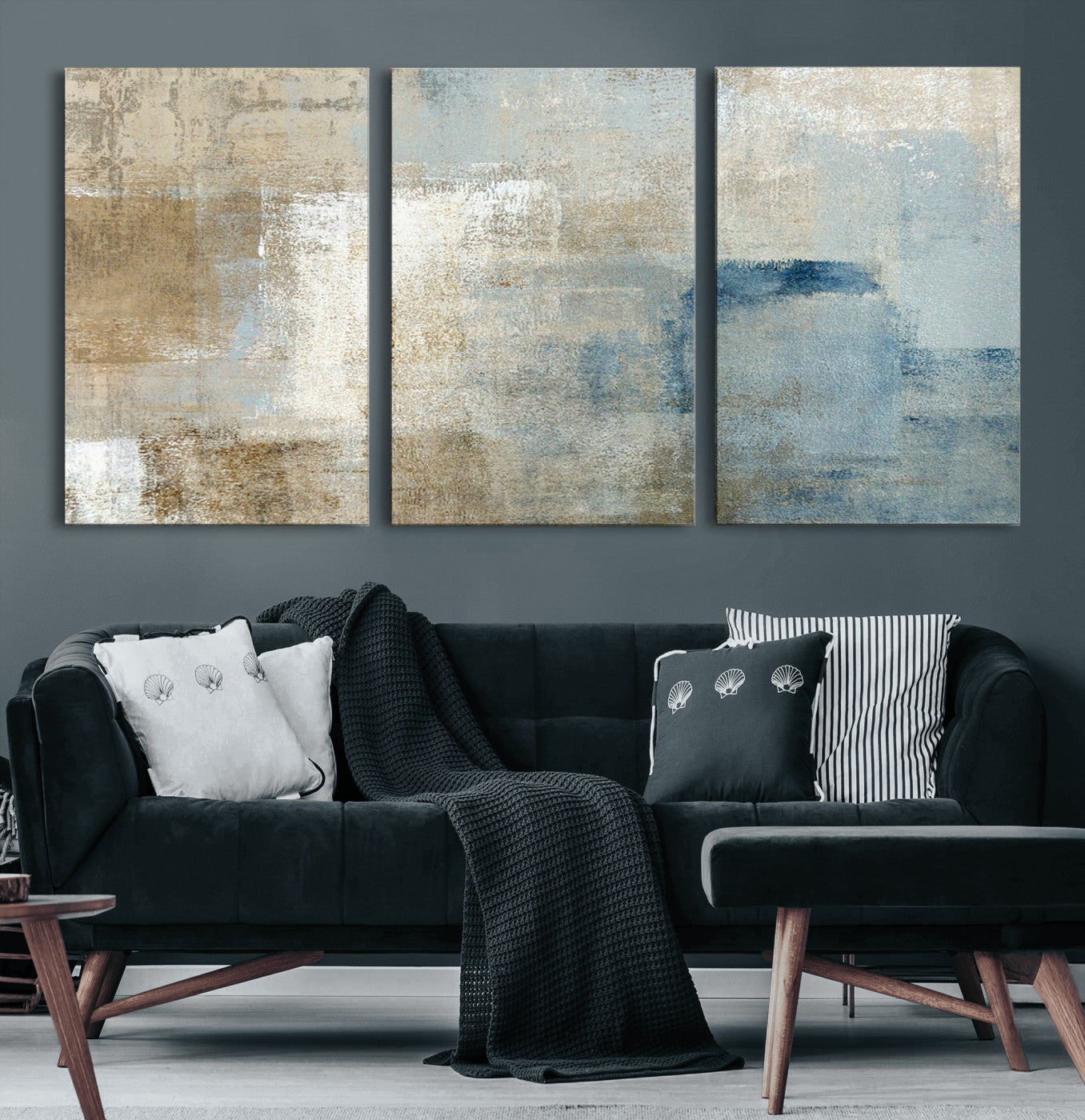 MGV-CV-60X30-3P - Abstract Blue and Beige Wall Art, Modern Minimalist Canvas Print Set, Giclee Textured Art, Large