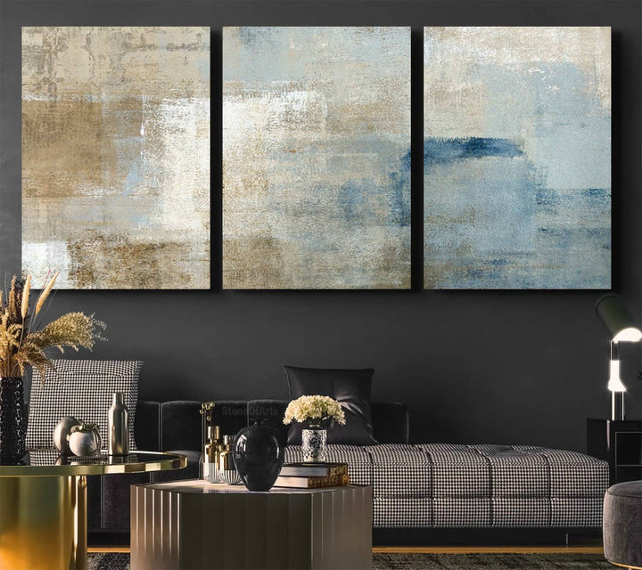 Abstract Blue and Beige Wall Art canvas print set with a modern minimalist aesthetic.