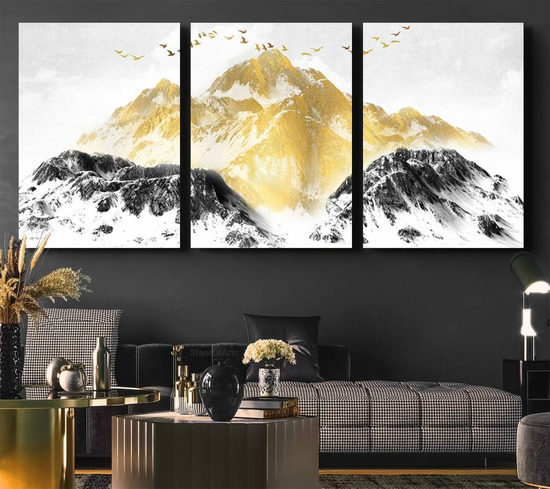 Golden Mountain Triptych Wall Art features gold-tinted mountains and birds.