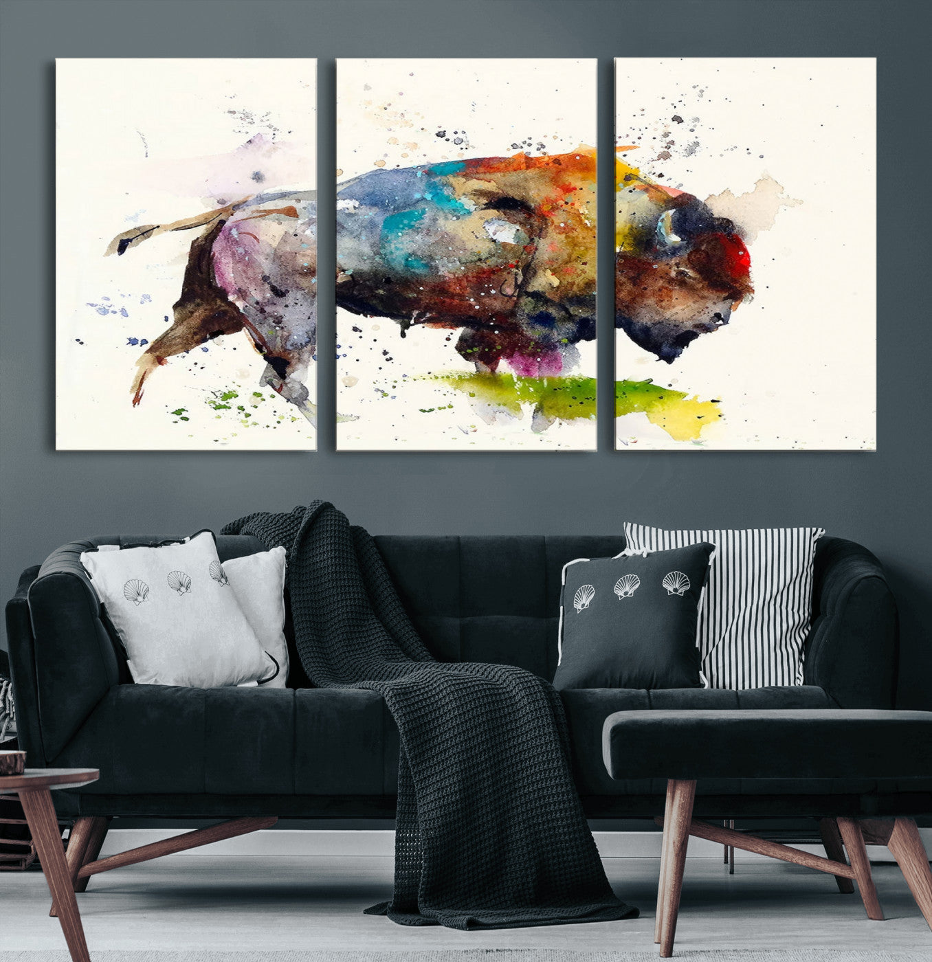 MGV-CV-60X30-3P - Abstract Buffalo Wall Art, Western Watercolor Bison Canvas Print, Rustic Buffalo Art for Cowboy and Western Decor, Large Multi-Panel Giclee Canvas