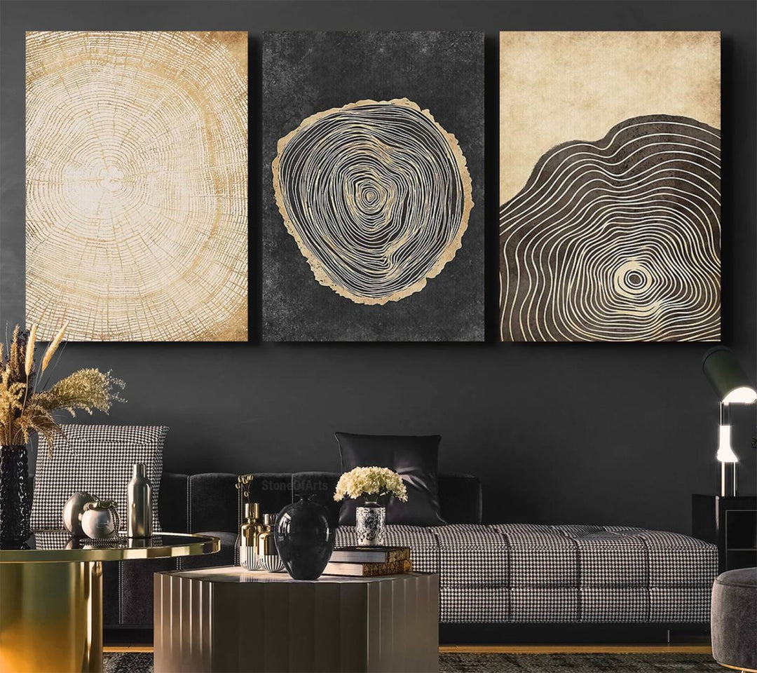 Tree Rings Canvas Wall Art Print hangs prominently in a modern kitchen.