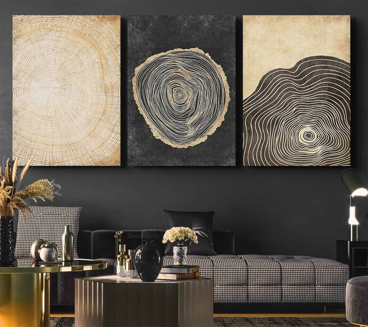 Tree Rings Canvas Wall Art Print hangs prominently in a modern kitchen.