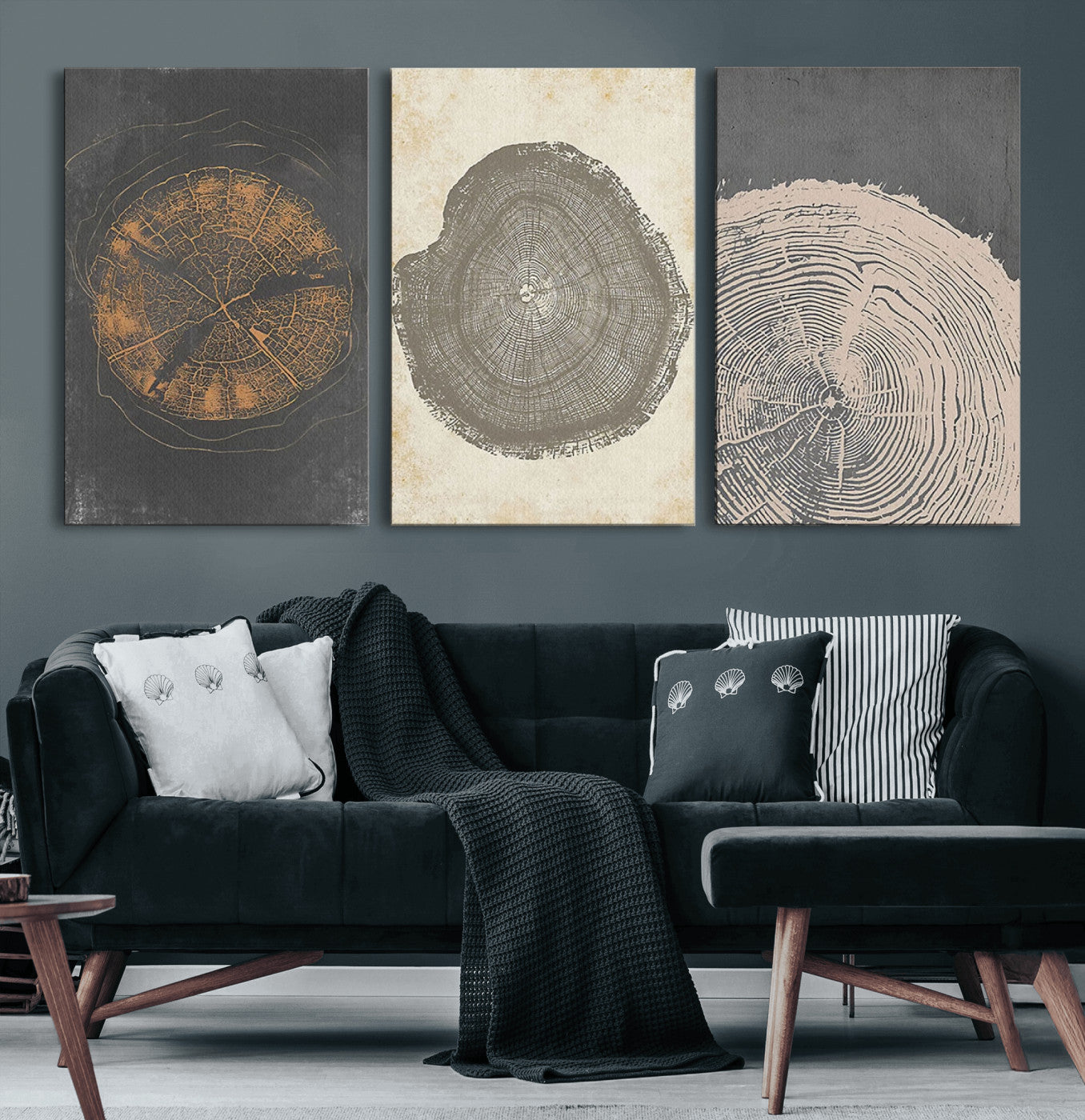 MGV-CV-60X30-3P - Boho Tree Ring Wall Art, Modern Minimalist Wood Grain Canvas, Tree Slice for Rustic Decor, Farmhouse