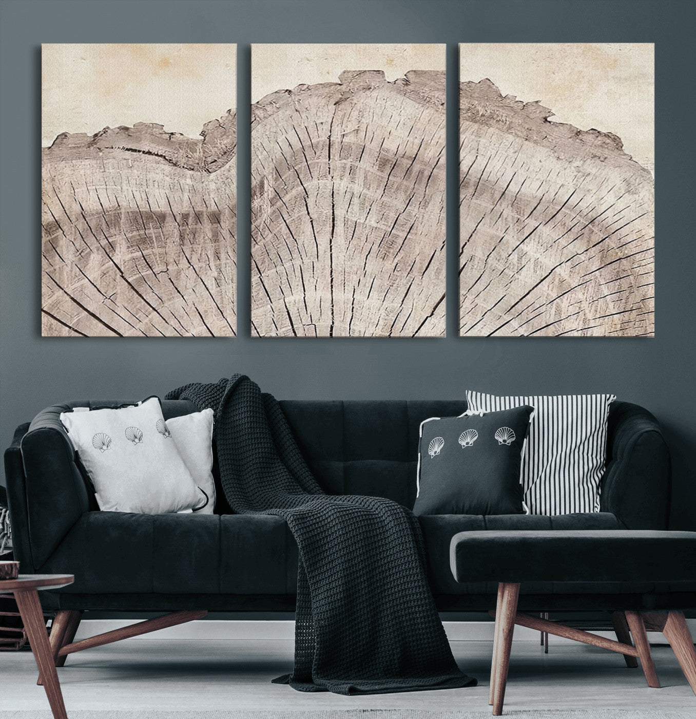 67528-MGV-CV-60X30-3P-Tree Ring Wall Art Triptych, Rustic Wood Ring Canvas Print, Minimalist Wall Decor for Modern Homes