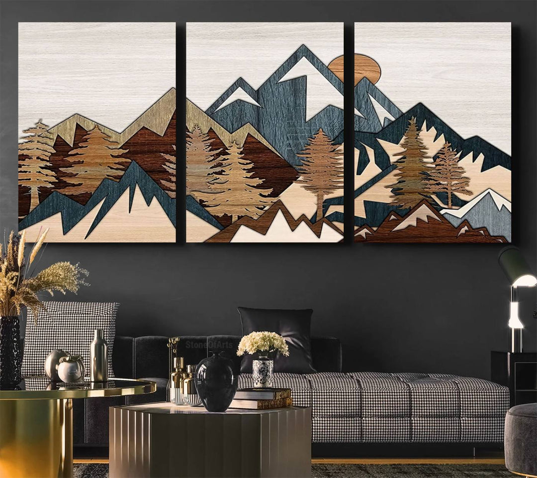 A Woodland Mountain Landscape Triptych serves as the centerpiece of the rustic decor.