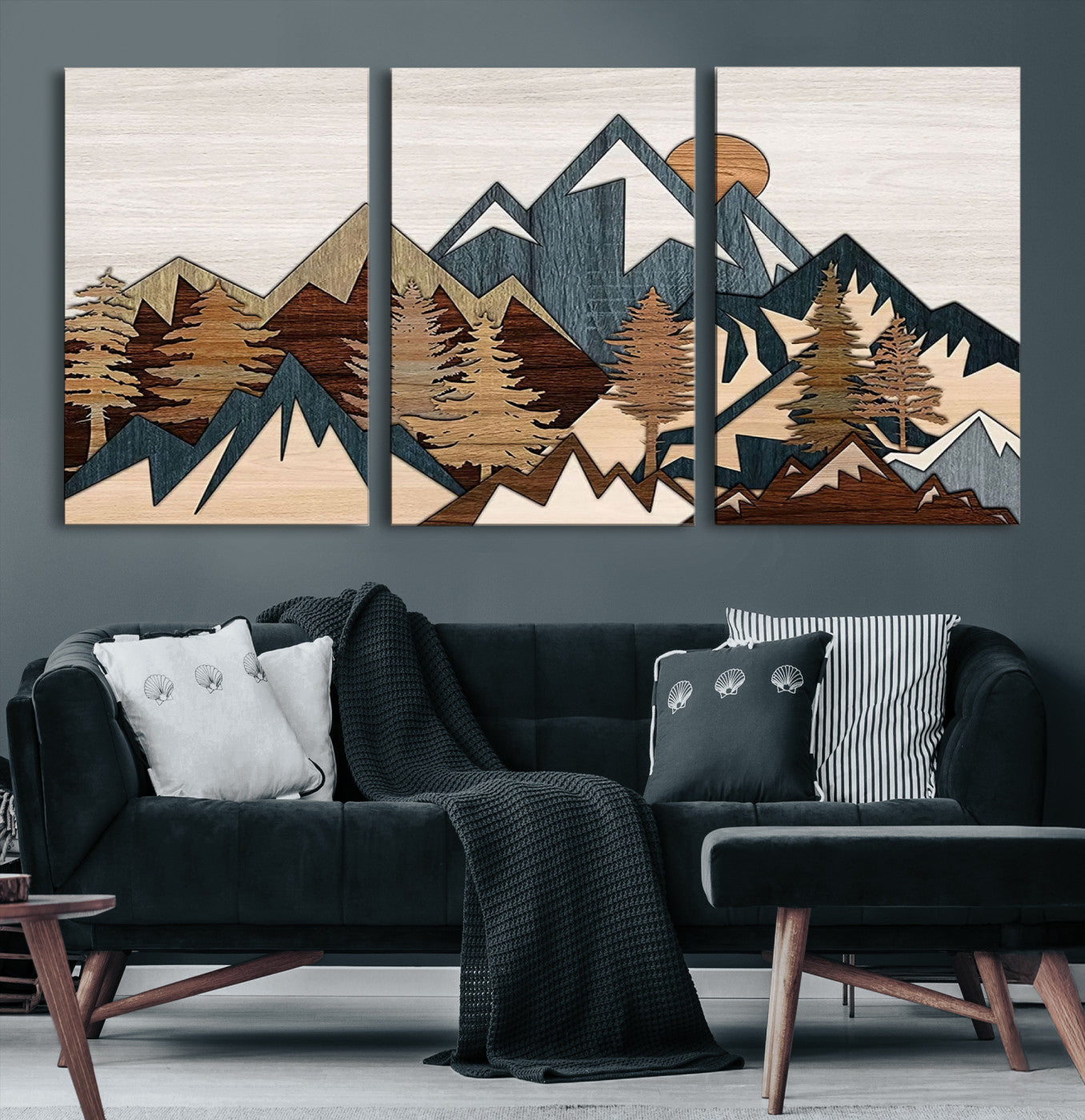 67950-MGV-CV-36X24-Rustic Abstract Wood Panel Effect Canvas Mountain Range Top Wood Wall Art Canvas Print
