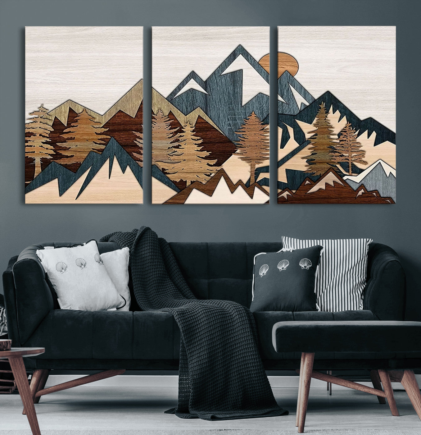 67950-MGV-CV-60X30-3P-Rustic Abstract Wood Panel Effect Canvas Mountain Range Top Wood Wall Art Canvas Print