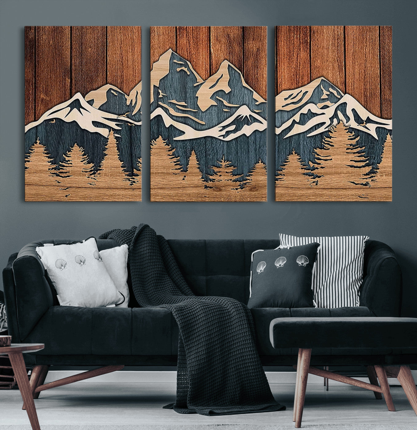 MGV-CV-60X30-3P - Rustic Wood Style Mountain Wall Art, Nature Forest Canvas Print, Wooden Textured Mountain Artwork, Handcrafted Landscape Decor for Farmhouse Decor