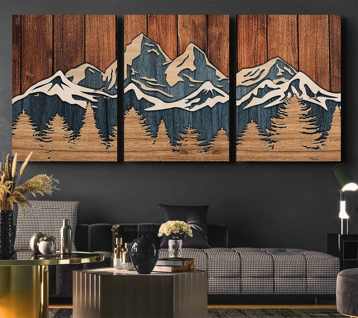 Rustic Wood Style Mountain Wall Art hangs on the wall.