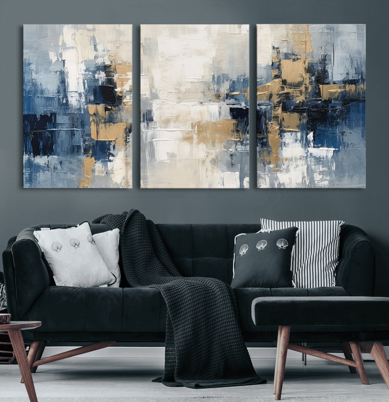 MGV-CV-60X30-3P - Modern Abstract Canvas Wall Art in Blue and Gold Tones | Large Contemporary Art for Living Room, Office, or Bedroom Décor