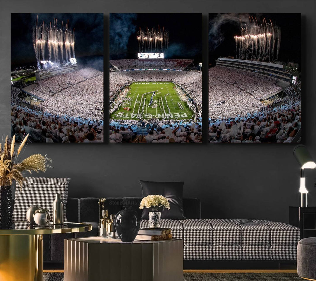 The perfect Penn State Football canvas wall art features a depiction of Beaver Stadium filled with fans in white, with fireworks exploding above.