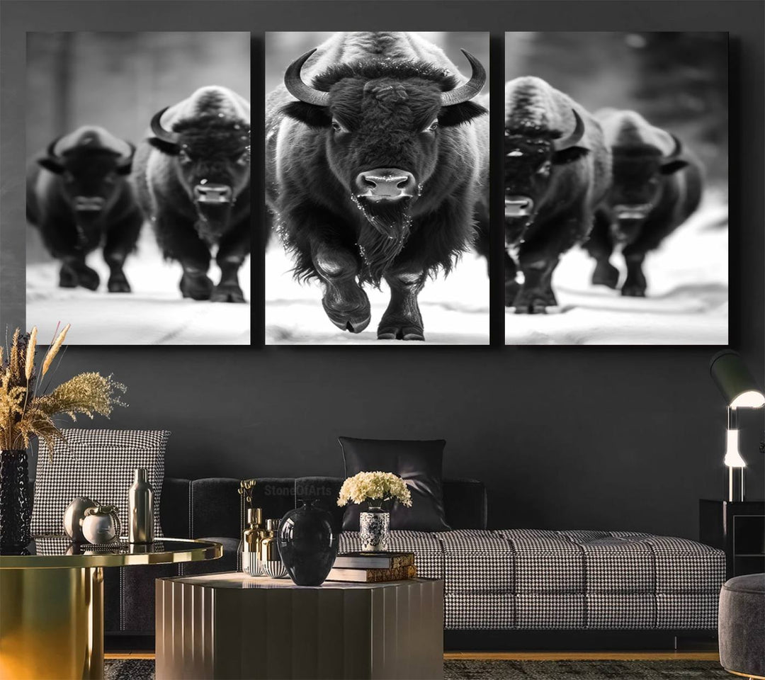 A black and white American Bison herd canvas print adorns the wall.