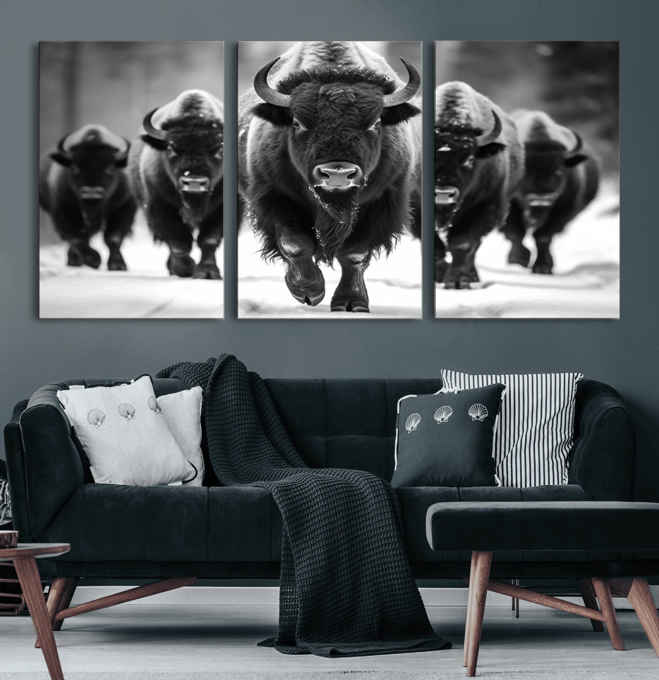 MGV-CV-60X30-3P - American Bison Art | Buffalo Herd Wall Art Canvas Print, BW American Bison Herd Wall Art Canvas