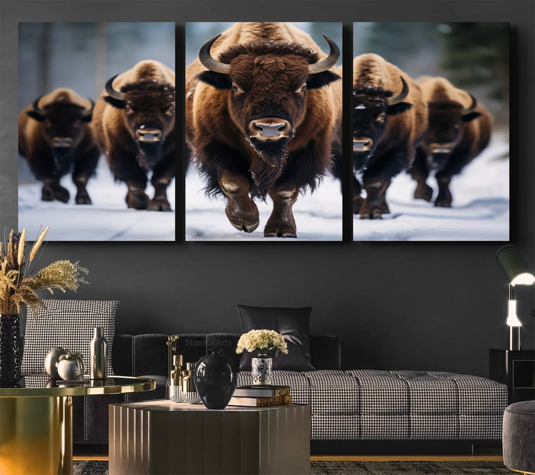 The dining room features an American Bison Herd Canvas Print against the snow.