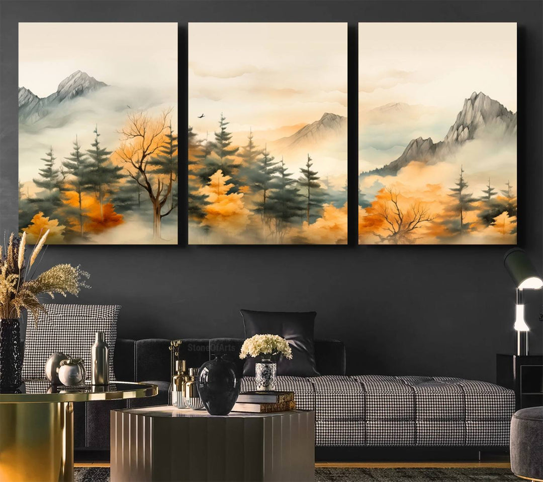 A wall art of Abstract Watercolor Mountains and Trees Autumn on museum-quality canvas.