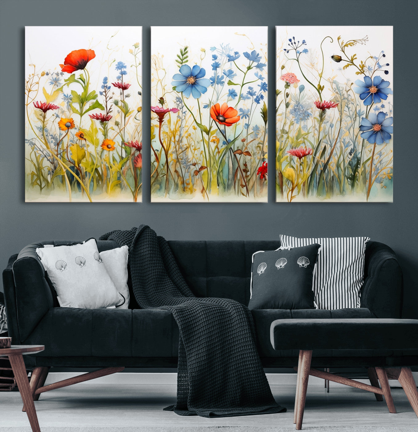 MGV-CV-60X30-3P - Colorful Wildflower Canvas Wall Art - Vibrant Floral Botanical Print, Bright Nature Decor for Living Room, Large 3 Panel Set, Ready to Hang