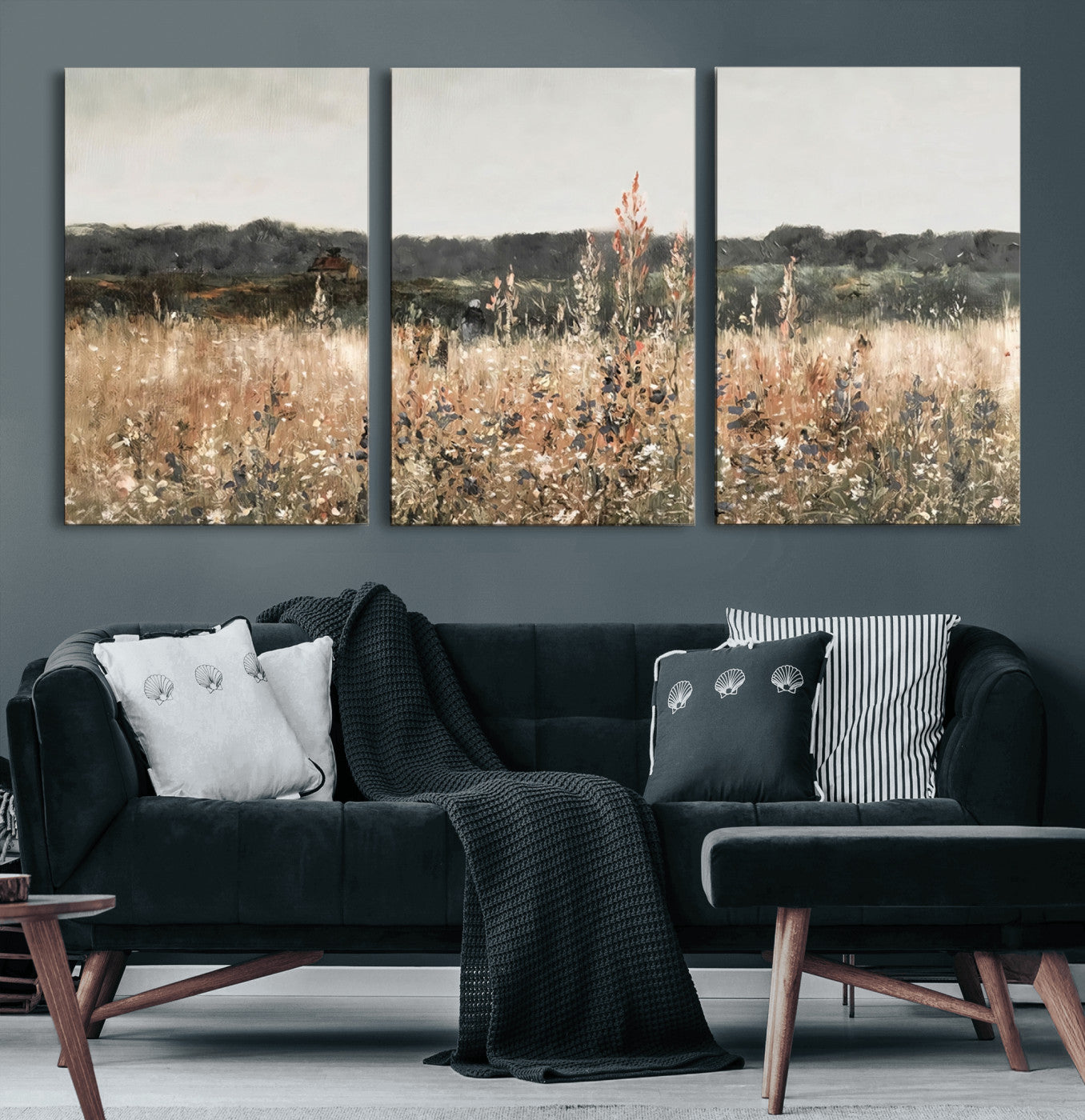 46308-MGV-CV-60X30-3P-Abstract Wildflower Art Field Landscape Oil Painting Print, Country Field Wall Art - Framed Ready to