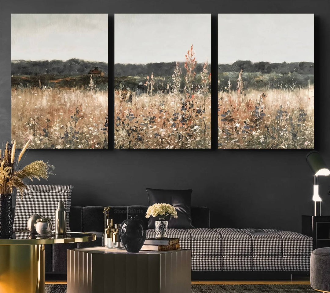 A dining room featuring the Abstract Wildflower Art Field Landscape Oil Painting Print.