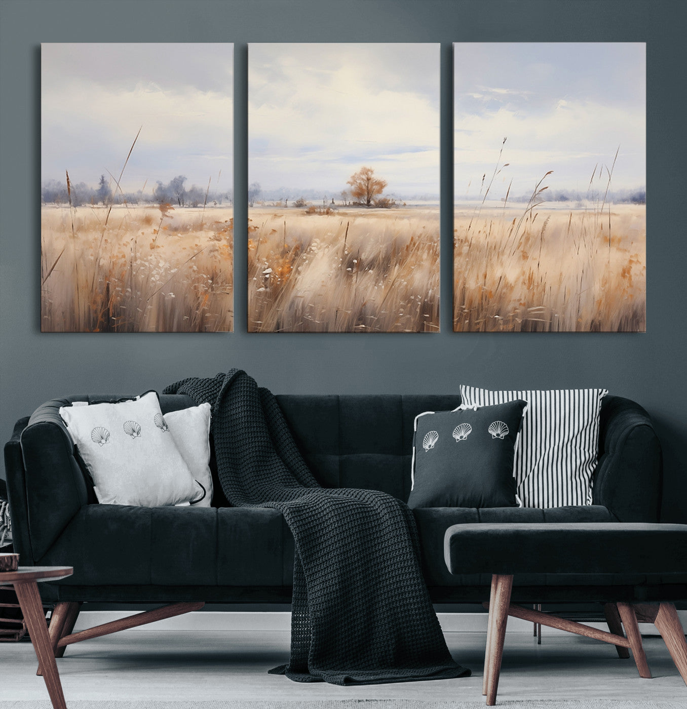 58162-MGV-CV-60X30-3P-Golden Fields Wall Art Print Canvas – Serene Landscape of Nature’s Tranquility in Minimalist for