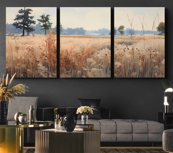 The Golden Fields Canvas Art Print, depicting a serene landscape, adds tranquility with its presence.