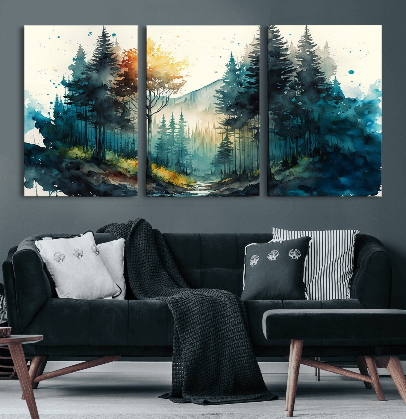 96186-MGV-CV-60X30-3P-Watercolor Trees Forest Abstract Wall Art Canvas Print, Framed Watercolor Trees Wall Art