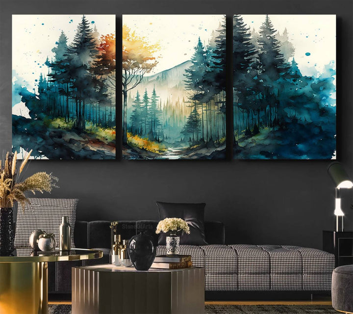 The Watercolor Trees Forest Abstract canvas print is displayed prominently.