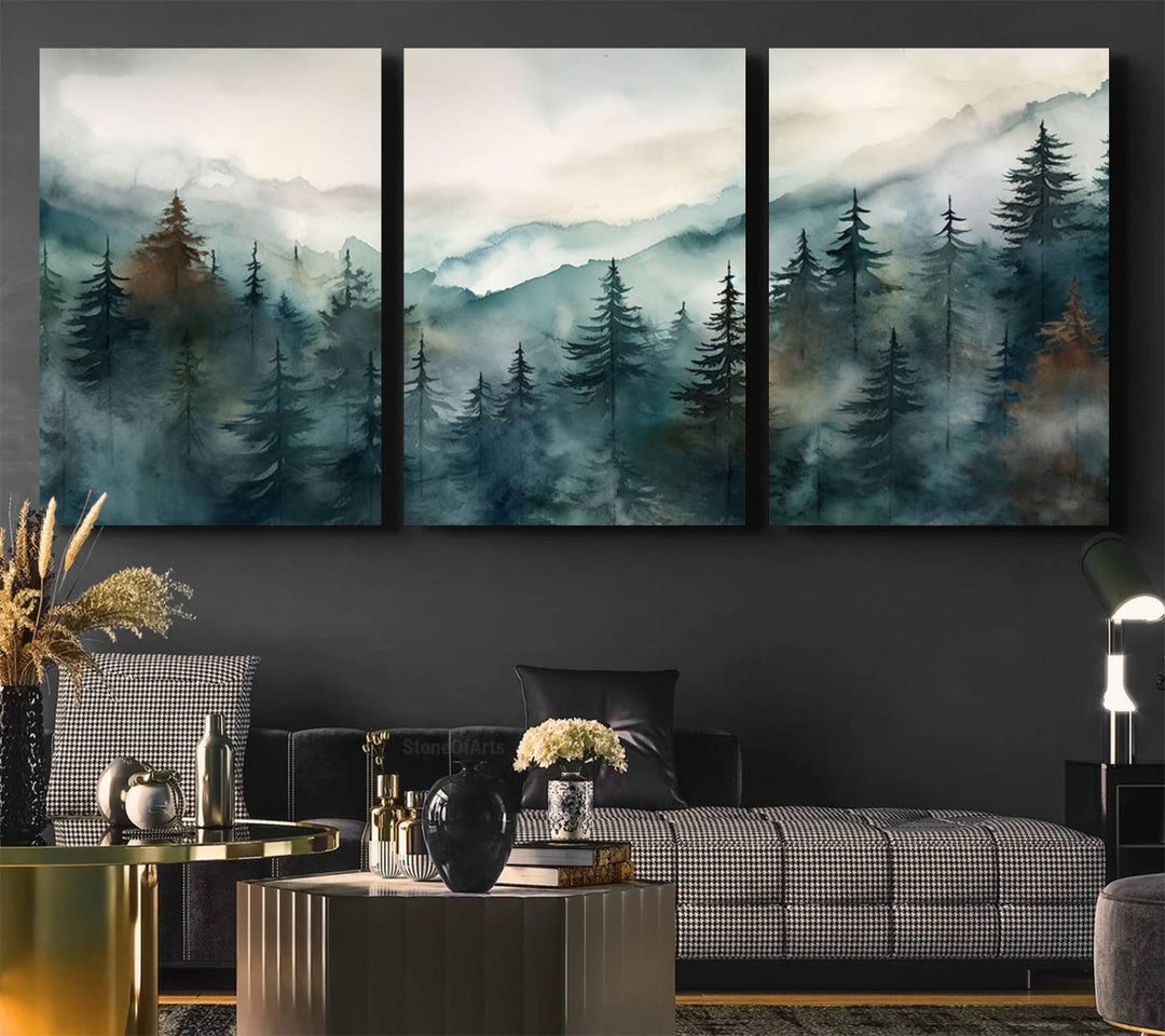 Serenity Forest Wall Art Canvas above the table adds a nature-inspired vibe to the space.