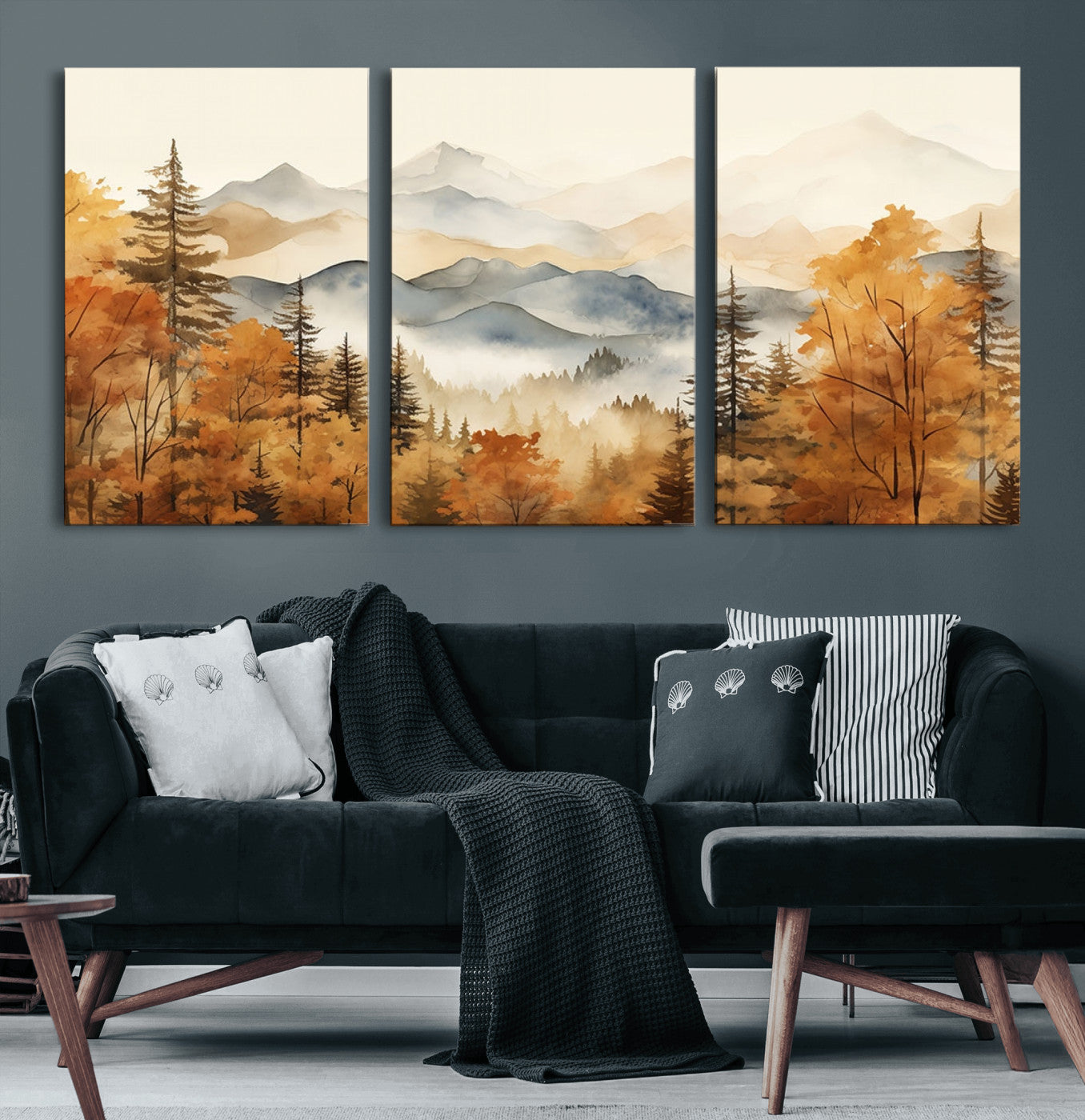 MGV-CV-60X30-3P - Golden Autumn Forest Wall Art | Mountain Landscape Canvas Print for Living Room or Bedroom | Large Wall Decor with Nature-Inspired Design