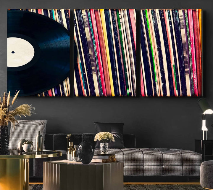 The Vinyl Record and Album Collection Canvas above the dining table enhances the modern kitchen, creating a perfect aesthetic for vintage vinyl lovers.