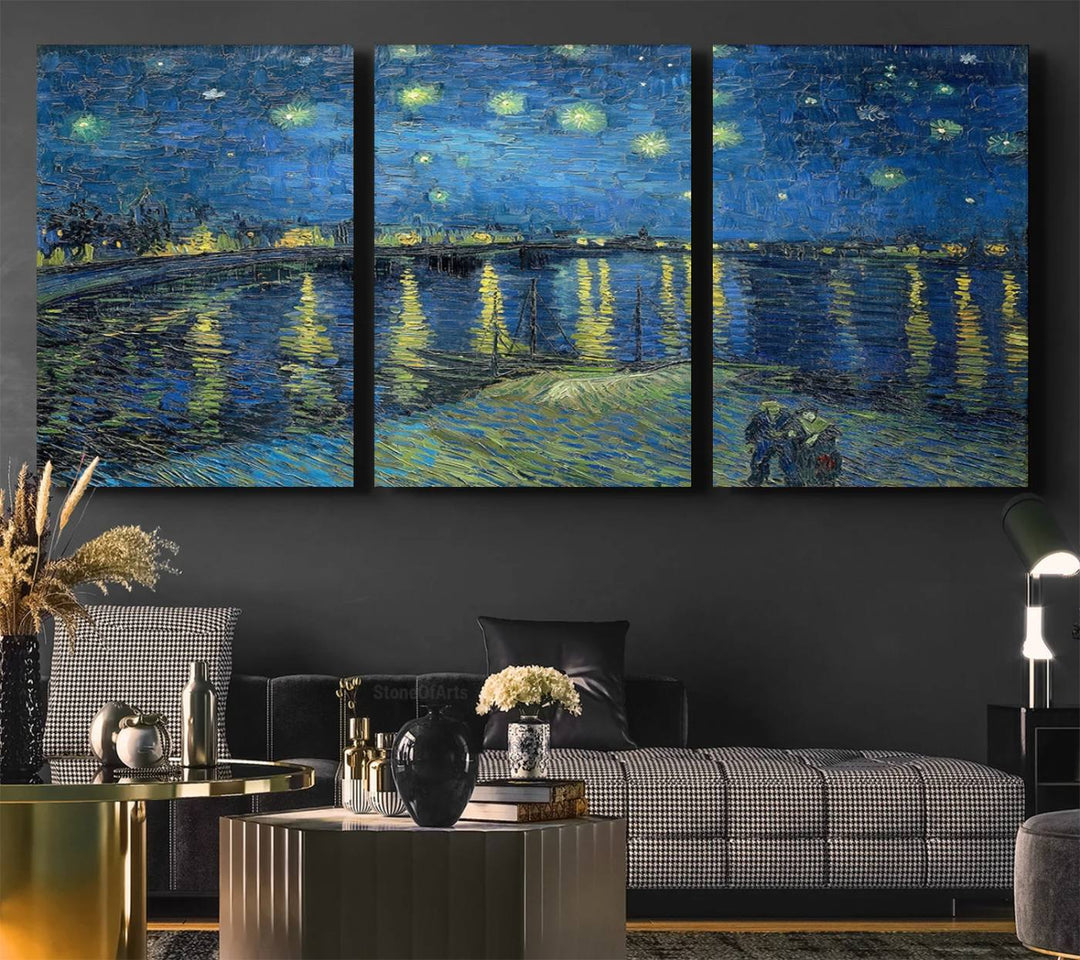 A Vincent van Gogh Starry Night over the Rhone canvas print is displayed on a porch.