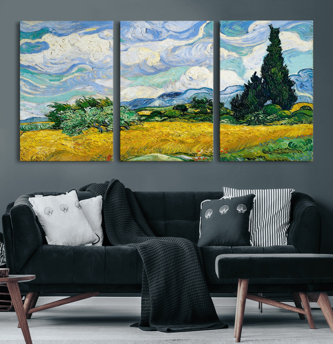 97252-MGV-CV-60X30-3P-Wheatfield With Cypresses By Van Gogh Painting Wall Art Canvas, Wheatfield With Cypresses Canvas