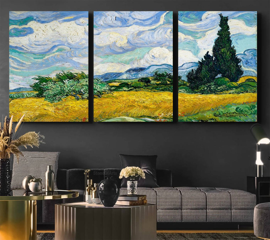 A kitchen featuring Wheatfield With Cypresses Van Gogh canvas wall art.