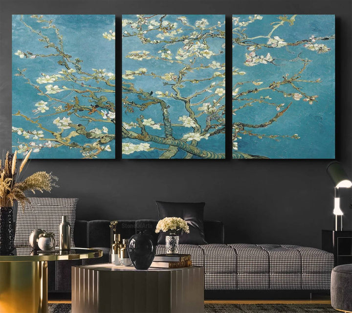 The wall art, Vincent Van Goghs Almond Blossom, stands out with its vibrant depiction against a serene blue background.