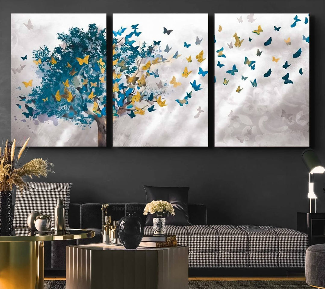 The modern dining room features Tree Butterfly Abstract Wall Art, adding a touch of nature-inspired decor.